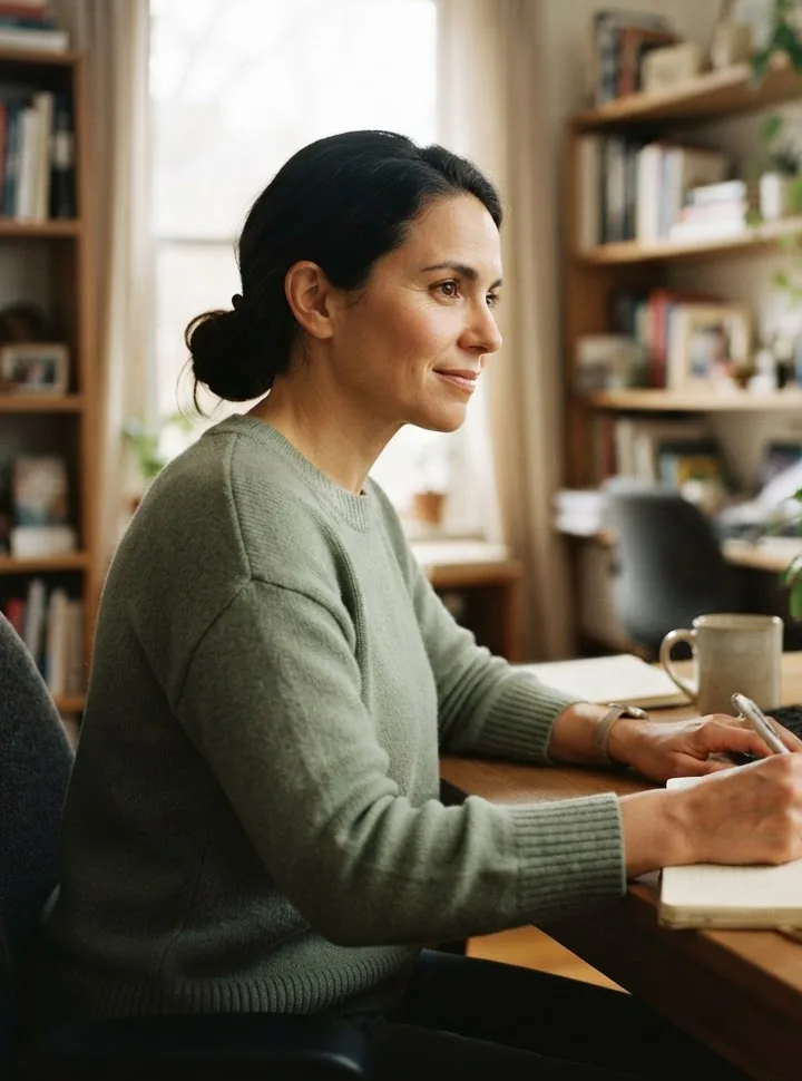 Une soignante assise à son bureau prend des notes sur un carnet, dans une pièce claire garnie de livres.
