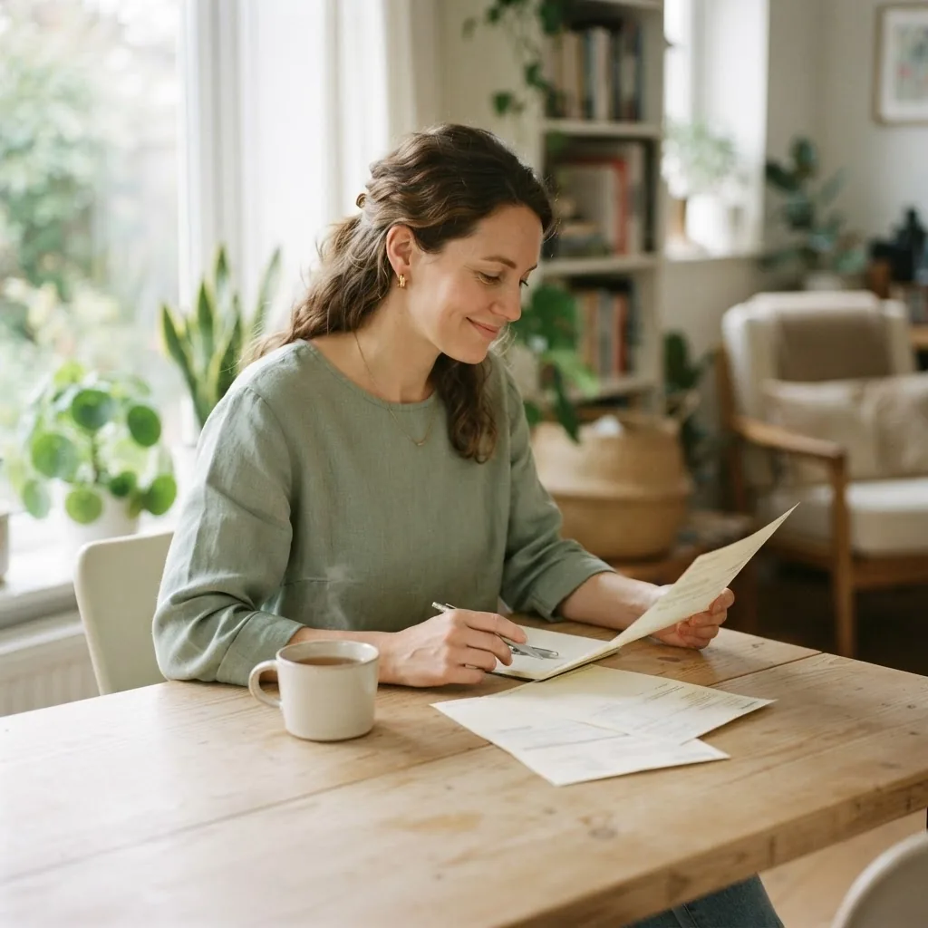Une femme assise à la table de sa salle à manger consulte des documents administratifs, une tasse posée à côté d'elle.