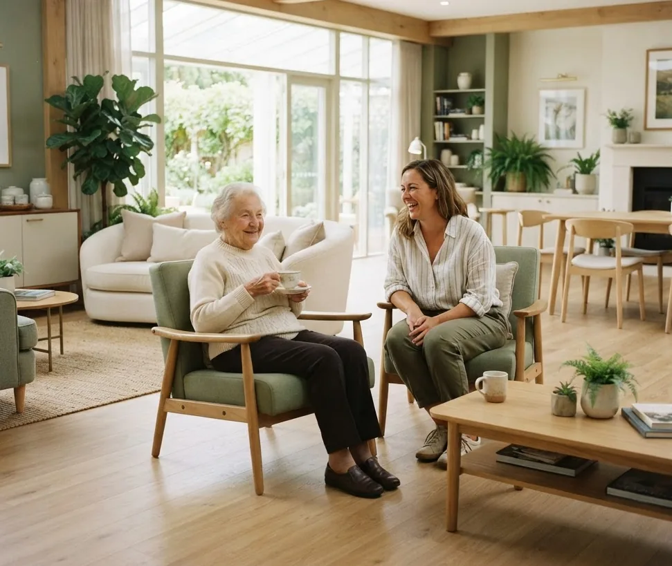 Dans le salon lumineux d'une résidence, une résidente âgée partage un café avec une accompagnante.